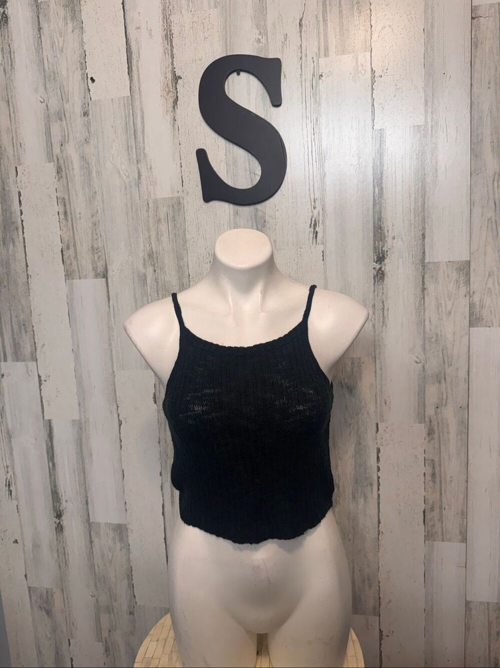 Bear Dance Knit Halter Cami Crop Top Womens S Solid Black High Neck Sweater Tank